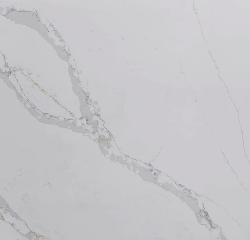 Cimstone Calacatta Vicenza - White quartz surface swatch with prominent grey veining and subtle gold accents, resembling natural marble.