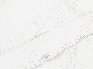 Fine-grained white marble-effect quartz with grey delicate veining across the surface - Technistone Calacatta Olympos swatch