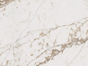 White base with bronze veining throughout this fine-grained quartz surface, reminiscent of natural marble - Technistone Bronze Coast swatch