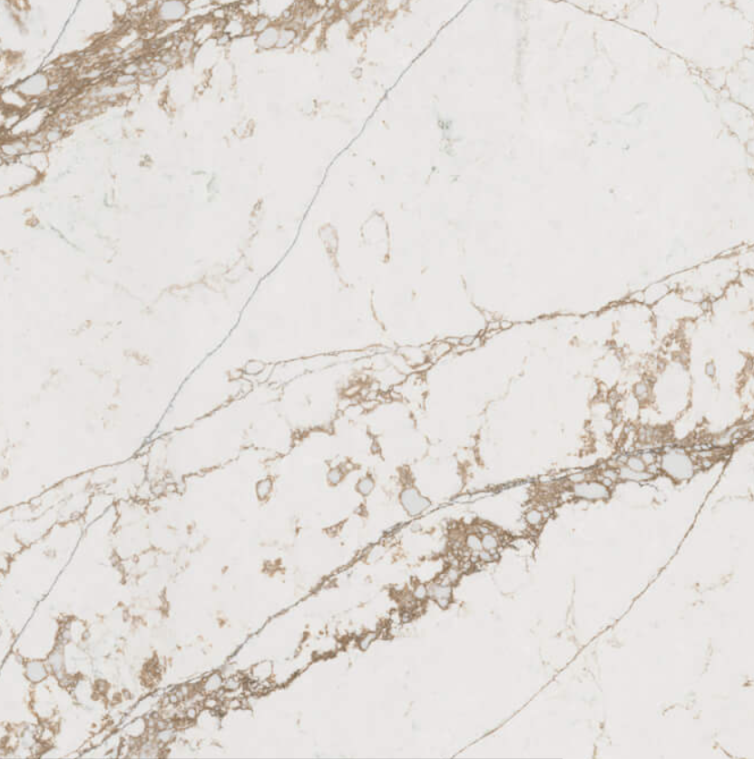 White base with bronze veining throughout this fine-grained quartz surface, reminiscent of natural marble - Technistone Bronze Coast swatch