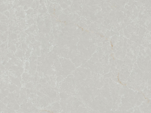 A mysterious glimmer of crystalline translucencies, with a dynamic sequence of frosty white veins that dissolve into a cool-grey base, touched by the lustrous interplay of light and shadow and injected with powder-peach mineral accents. (Grey stone-effect quartz surface with irregular veining in white and pink) - 5310 Brillianza swatch