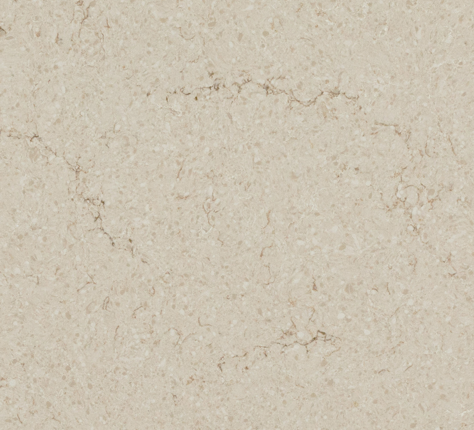 5212 Taj Royale – Quartz Worktop swatch. Veined Beige Polished Quartz Worktop A silky interplay of warm earthy hues, laced into the movement of soft tanned tones and delicate dabs of white.