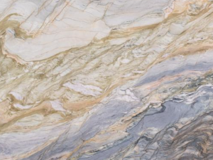 Product photo: Blue Explosion Quartzite is a premium natural stone known for its striking appearance and remarkable durability. This exquisite stone features a captivating blend of deep blue tones interspersed with veins of white, grey, and subtle gold, evoking the power and beauty of a dynamic ocean scene. Each slab is unique, offering a one-of-a-kind pattern that adds a luxurious touch to any space.