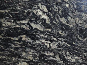 Product photo: Amadeus Granite is a captivating natural stone renowned for its rich, luxurious appearance. This granite features a stunning combination of black and cream hues, accented by intricate white veining and occasional golden flecks. The dynamic patterns and bold colours create a mesmerizing visual effect, making Amadeus Granite a perfect choice for those looking to make a striking statement in their interiors.