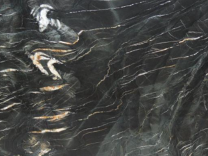 Product photo: Titanium Premium Granite is an exquisite natural stone known for its luxurious appearance and striking visual texture. This granite features a captivating mix of deep blacks, shimmering golds, and subtle whites, arranged in dynamic swirls and veins that resemble the movement of liquid metal.