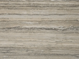 Travertino Argento swatch - Beige to beige-grey compact limestone (travertine) with pronounced lined drawing due to darker / lighter line structure. The drawing is very heterogeneous and especially band-shaped (horizontal and parallel; sawn perpendicular to layering). The surface contains small openings that are usually filled.