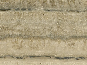 Travertin Romano Silver swatch - Beige compact limestone (travertine) with pronounced grey lined drawing. The drawing is very heterogeneous and especially band-shaped (horizontal and parallel; sawn perpendicular to layering). The surface contains small pores that may or may not be filled depending on the demand.