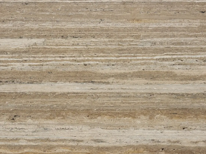 Travertino Romano Striata swatch - Beige to beige-gray compact limestone (travertine) with pronounced lined drawing due to darker / lighter line structure. The drawing is very heterogeneous and especially band-shaped (horizontal and parallel; sawn perpendicular to layering). The surface contains small openings that are usually filled.