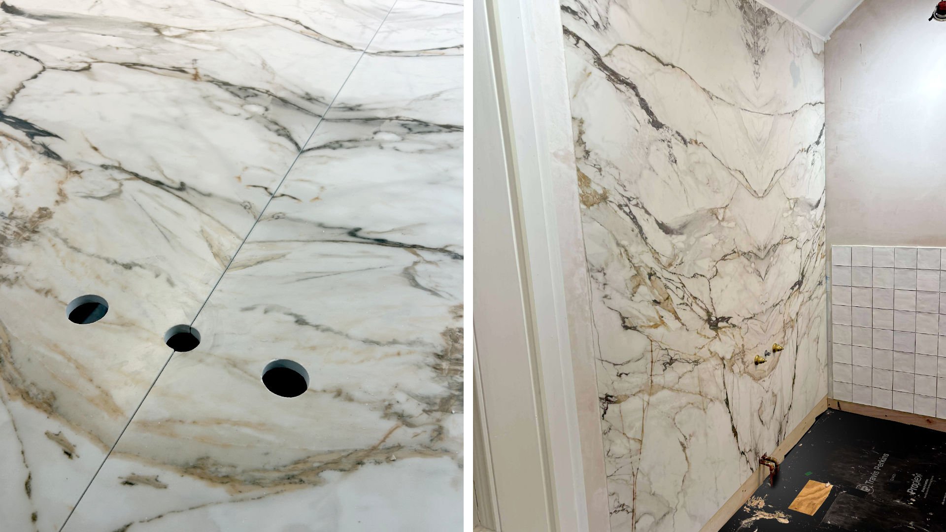 Bookmatched Calacatta Luxe Project. Split screen with closeup of the material and join, where the pattern meets in a mirror-image of each side, plus a photo from the install showing the material on the wall with details like the pipework coming through the precision engineered holes we created in the two joining slabs.