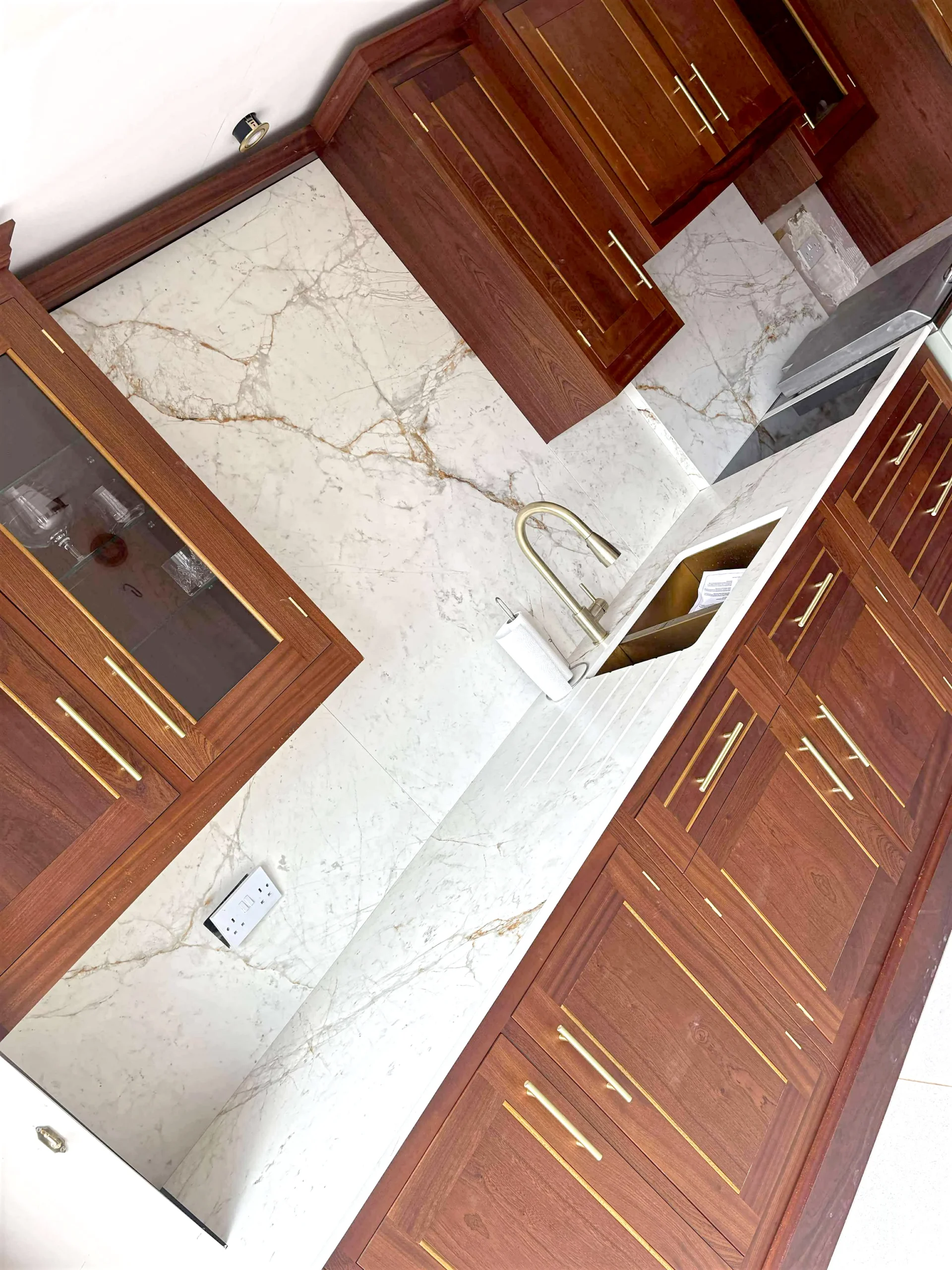 Abu Dhabi Quartz Worktops Installation, Brecon. Deep angle view of sink run