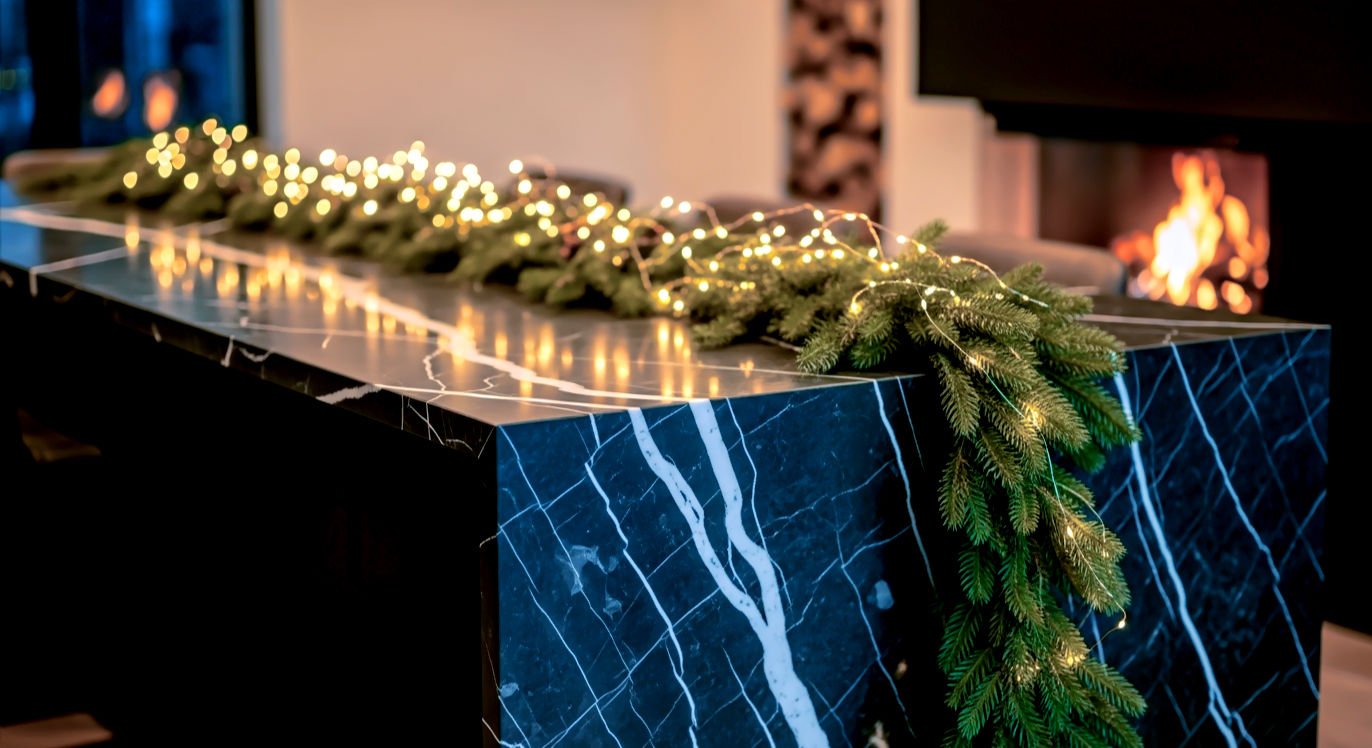A professional, high-end lifestyle photograph of a festive kitchen scene at dusk. The focus is on a sprawling kitchen island made of dark, polished Nero Marquina marble with crisp white veining. On the surface, a lush evergreen garland is draped, intertwined with warm, glowing fairy lights that create a soft bokeh effect. In the blurred background, a modern fireplace flickers, casting a golden hue over the scene. The atmosphere is warm, inviting, and luxurious, captured with a shallow depth of field using a 50mm f/1.2 lens to emphasize the texture of the stone and the sparkle of the holiday season.