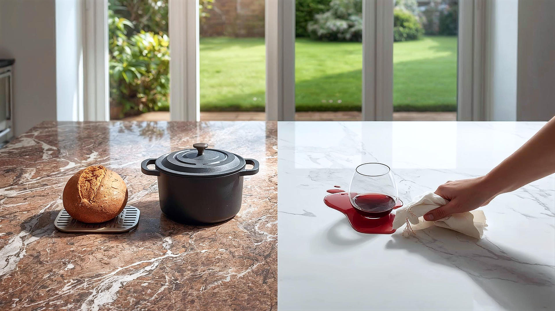 A photorealistic, high-resolution interior shot of a modern but lived-in British family kitchen. Split composition: on the left, a beautiful, swirling natural granite surface with a rustic loaf of bread and a heavy cast iron pot on a trivet (warm, earthy tones). On the right, a sleek, white marble-effect quartz surface with a spilled glass of red wine being easily wiped away by a hand holding a cloth (cool, bright tones). Soft, natural lighting streaming through bi-fold doors looking out onto a green English garden. The image should convey "Durability meets Design." Style: Editorial, similar to Ideal Home or Grand Designs Magazine.