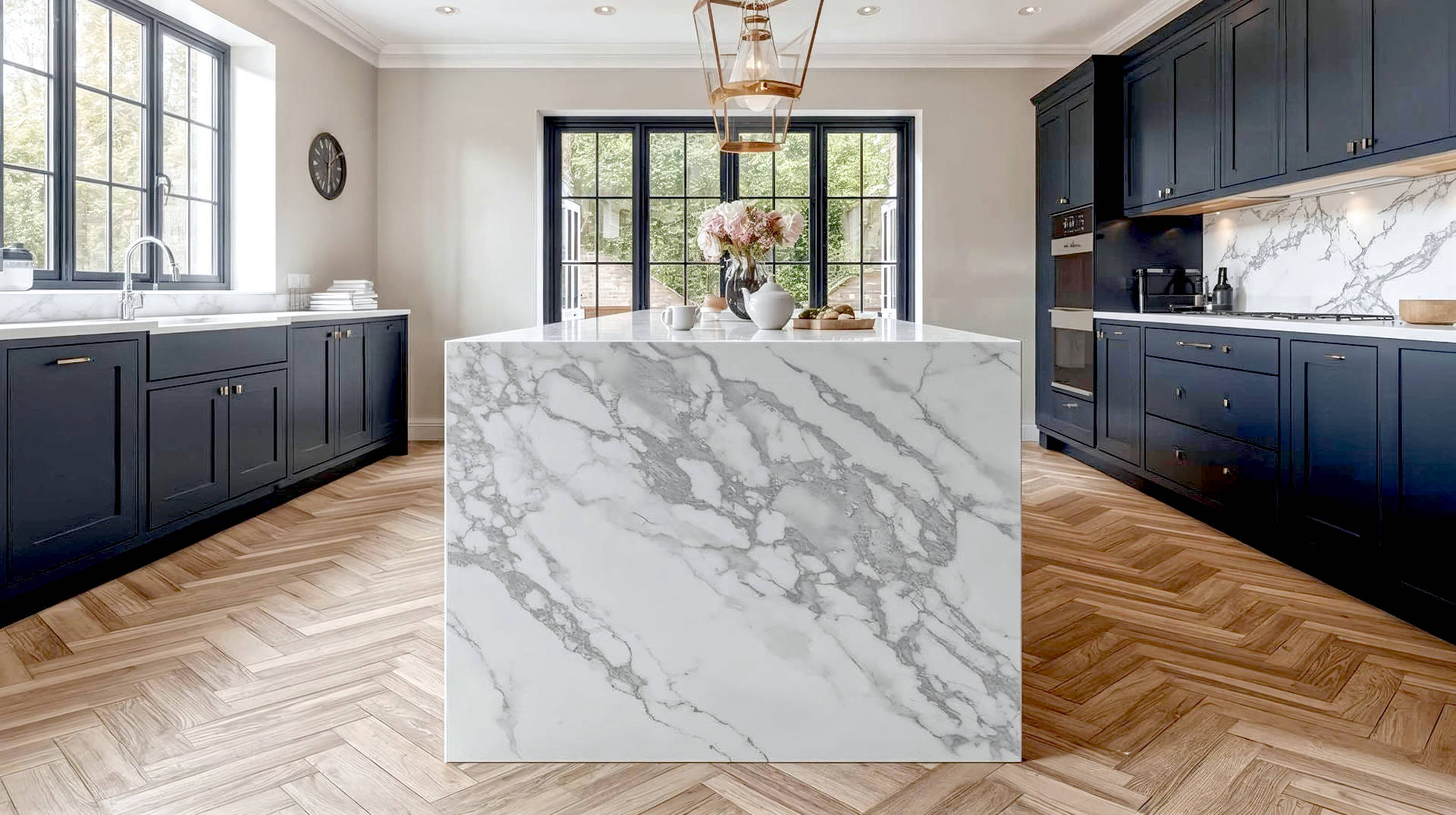A hyper-realistic, wide-angle interior photograph of a high-end British Victorian terrace kitchen extension. The focal point is a stunning white quartz waterfall island with dramatic grey veining (Calacatta style). The island has a seamless mitred edge flowing to a light oak herringbone floor. Soft, natural light streams in from Crittall-style doors in the background, illuminating the space. On the island, a ceramic teapot and two mugs sit casually, adding a lived-in British touch. The cabinetry is a deep navy blue shaker style. The lighting is warm and inviting, evoking a sophisticated but cosy Sunday morning atmosphere.