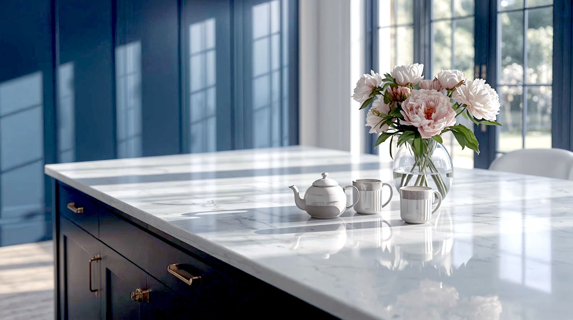 A hyper-realistic, editorial-style photograph of a luxury British kitchen island featuring a stunning white quartz worktop with subtle gold veining. The scene is bathed in soft, natural morning light streaming through bi-fold doors. On the counter, a ceramic teapot and two mugs sit next to a vase of fresh peonies, evoking a lived-in yet aspirational atmosphere. The background shows blurred shaker-style cabinetry in a deep navy blue. High resolution, 8k, architectural digest style.