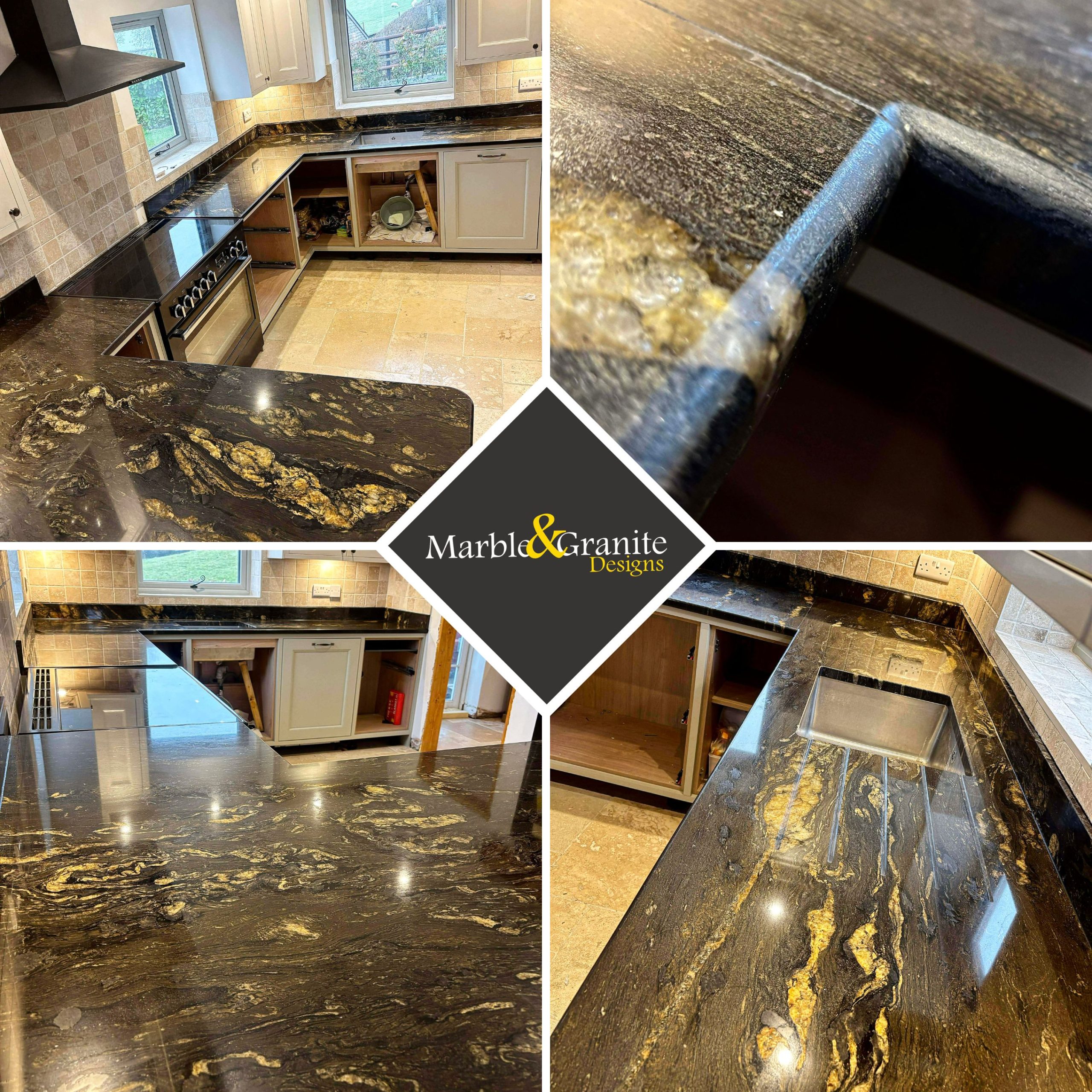 Photo collage of the different angles from this Cosmic Black Yellow granite worktops installation.